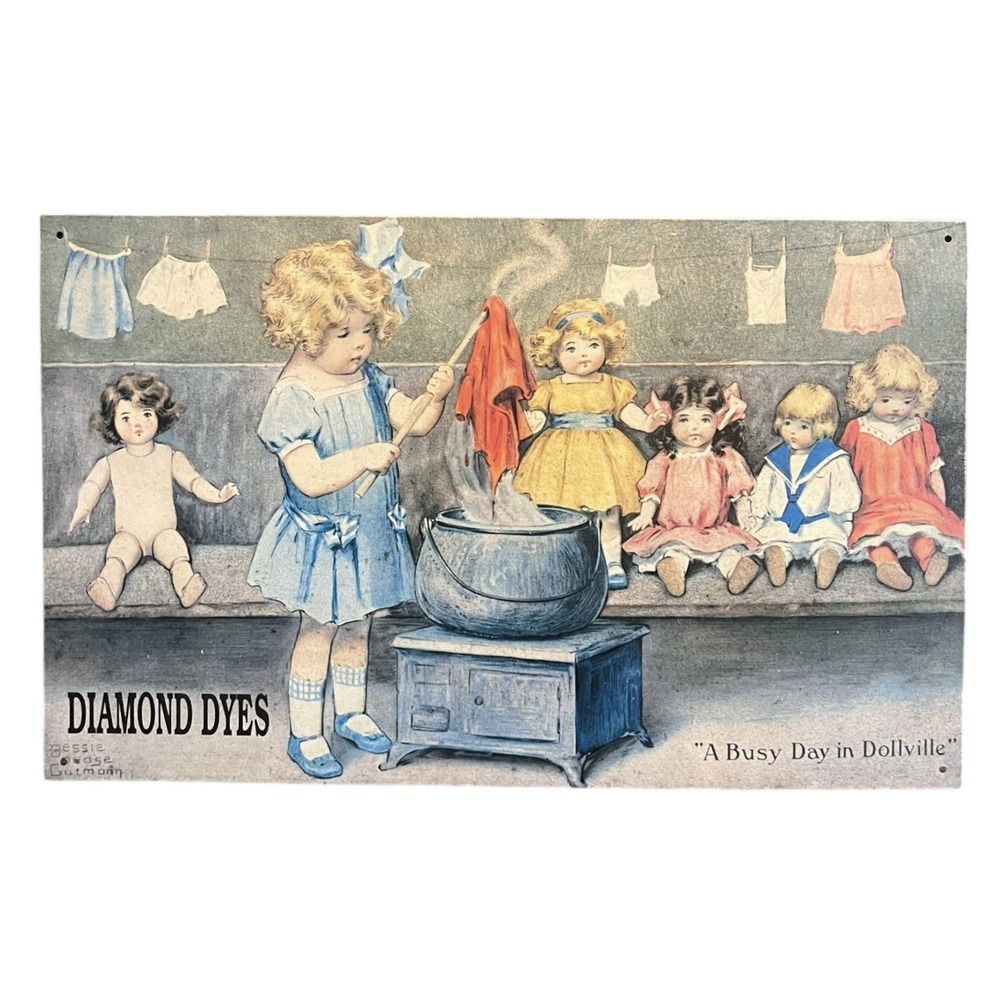 Diamond Dyes A Busy Day In Dollville Metal Sign Bessie Pease Gutmann 1994 16x10"